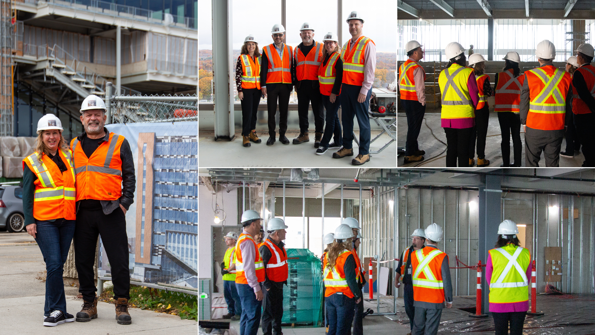 People in hard hats and safety vests at construction site posing for photos, while others tour the unfinished interior.