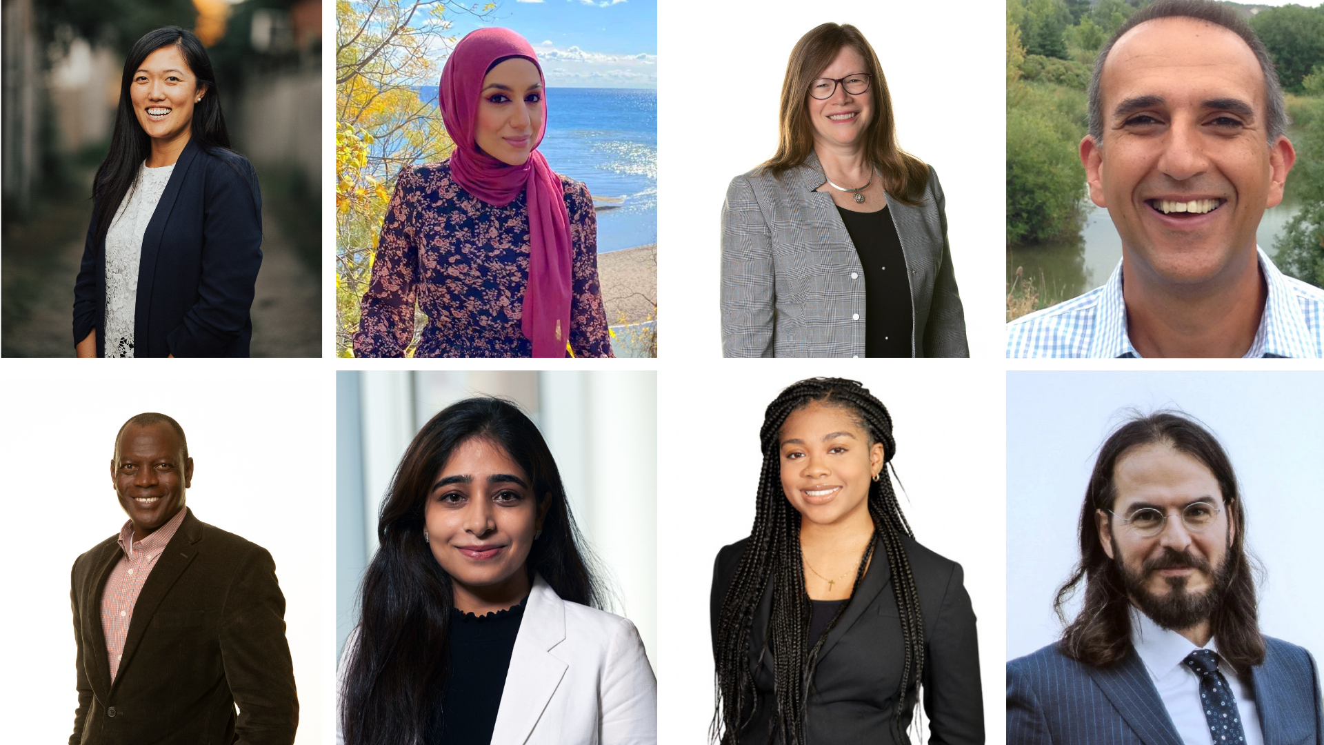 Eight faculty headshots: Asian woman, Arabic woman (pink hijab), White woman (glasses), Middle Eastern man, Black man, Indian woman, Black woman, White man (glasses).