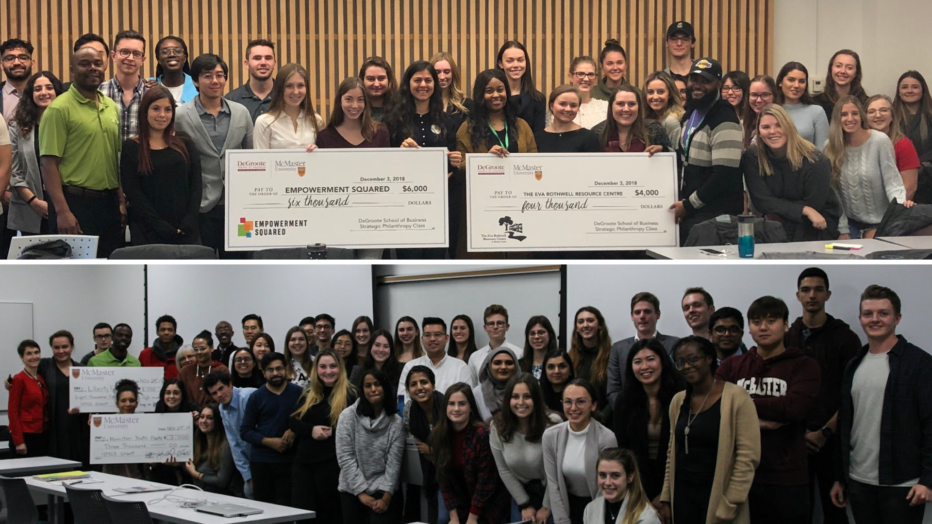 A two-part image shows large groups of smiling university students holding oversized checks.