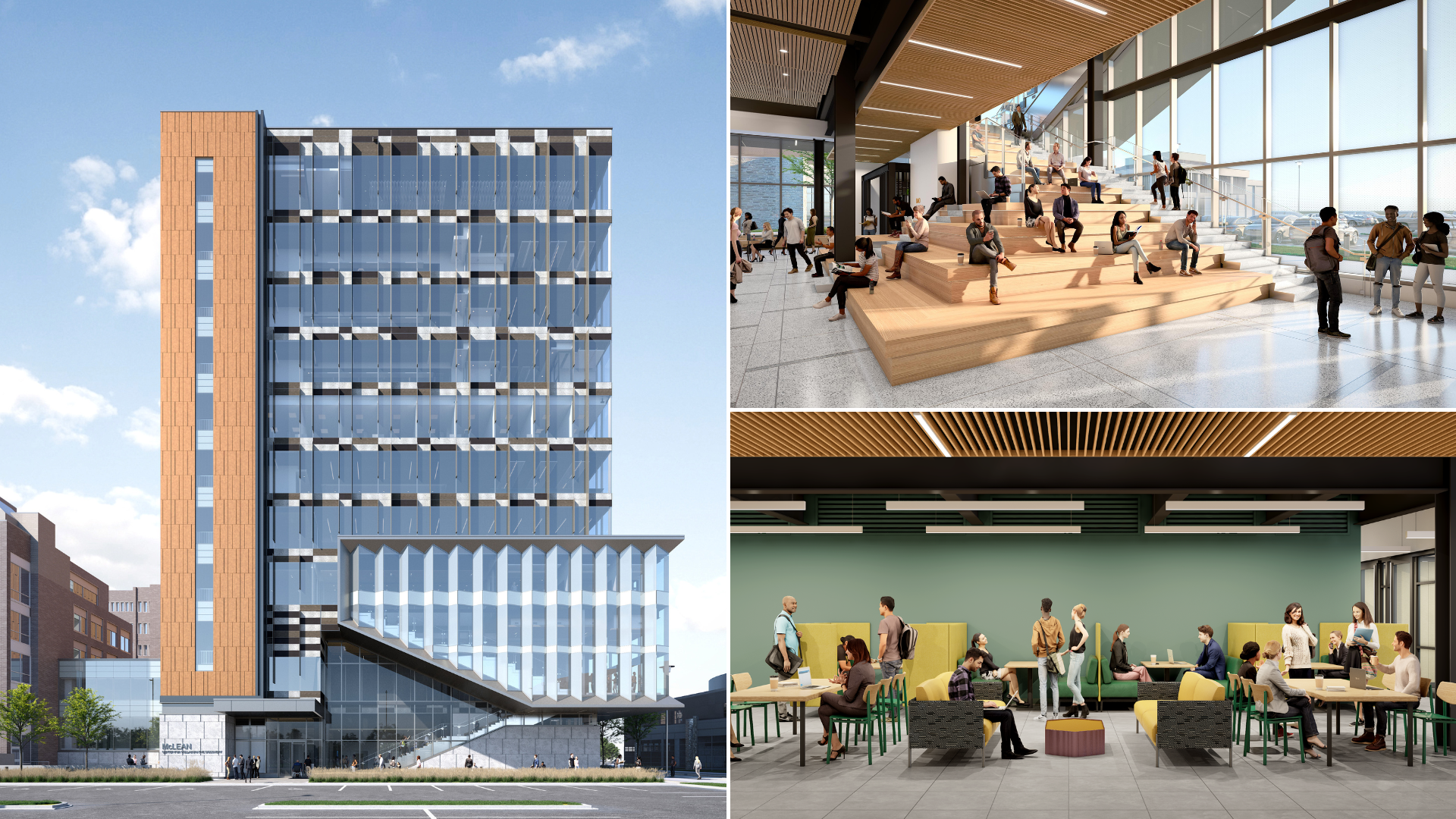 A collage showcases a multi-story building rendering, a tiered seating area and an interior space with tables and chairs.
