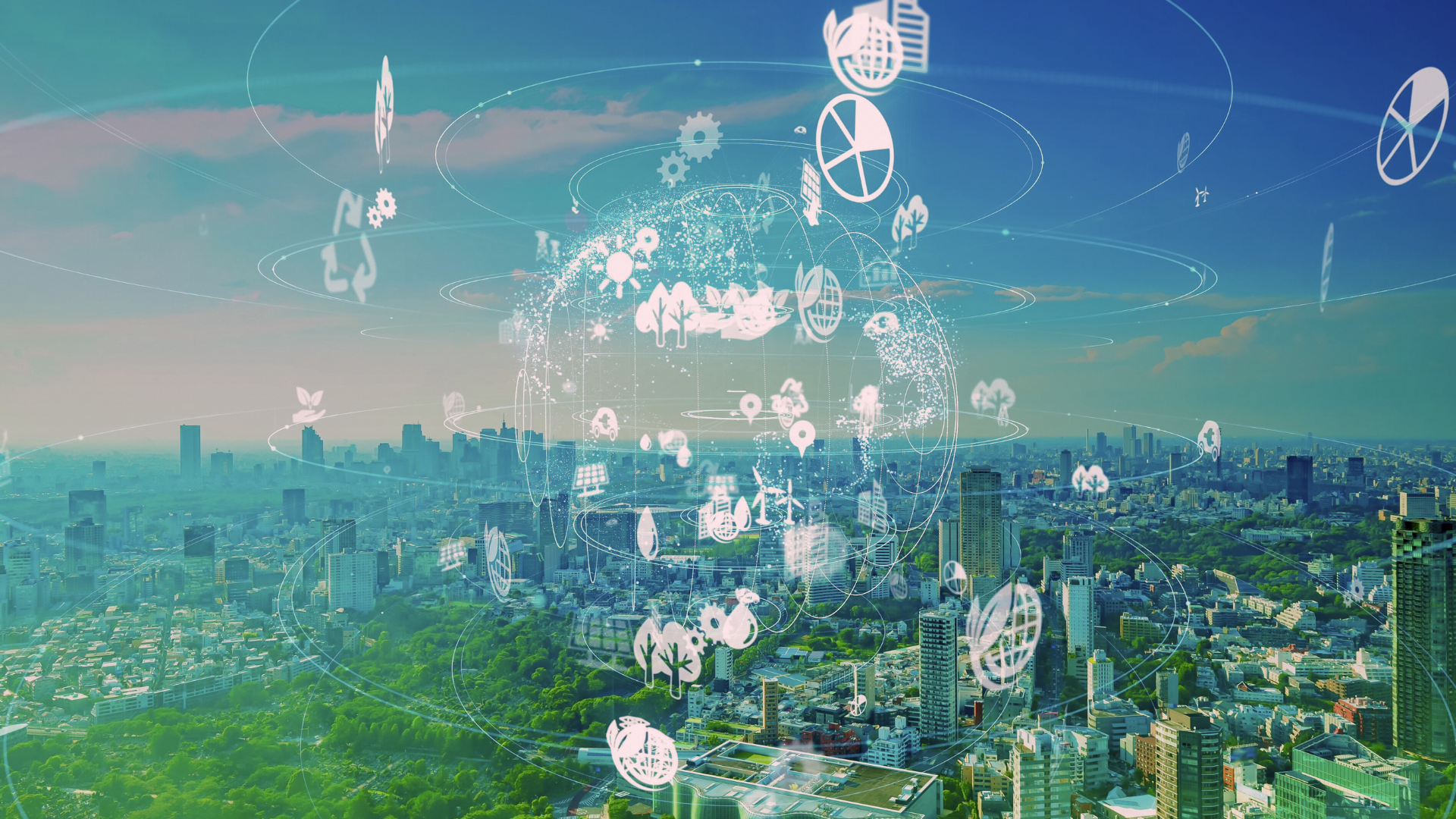 Graphic of the earth surrounded by different sustainability icons over a city skyline.